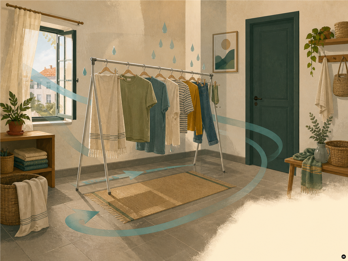 Roupa espaçada num estendal interior, com percurso de ar e uma janela aberta para ventilação.