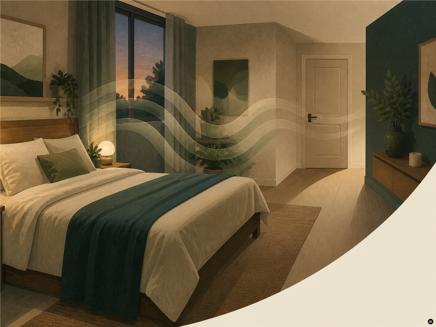 Quarto ao anoitecer com ondas sonoras a perder intensidade através da divisão.